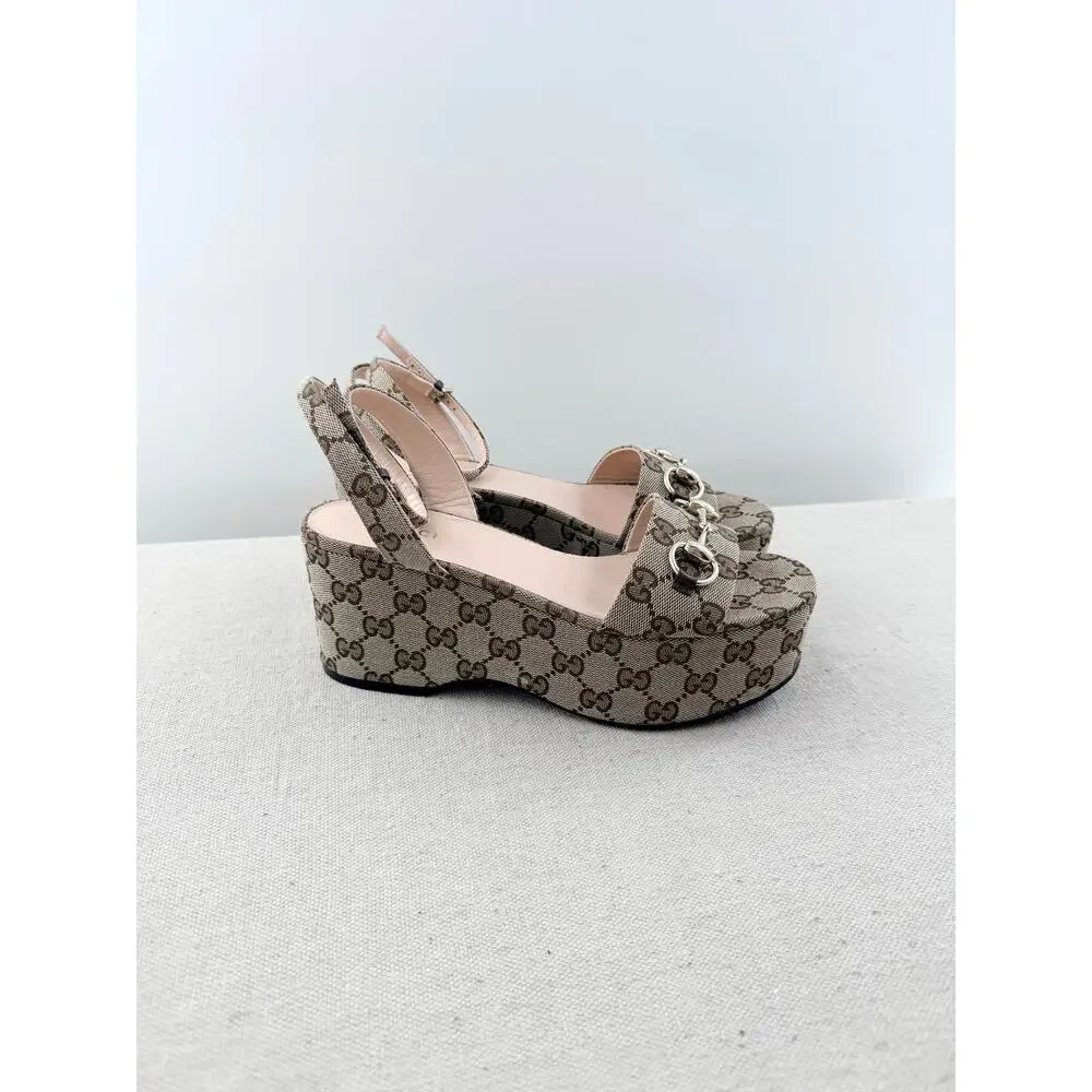 Gucci Monogram Nappa Chalotte Horsebit Ankle Strap Platform Sandals Beige 37.5